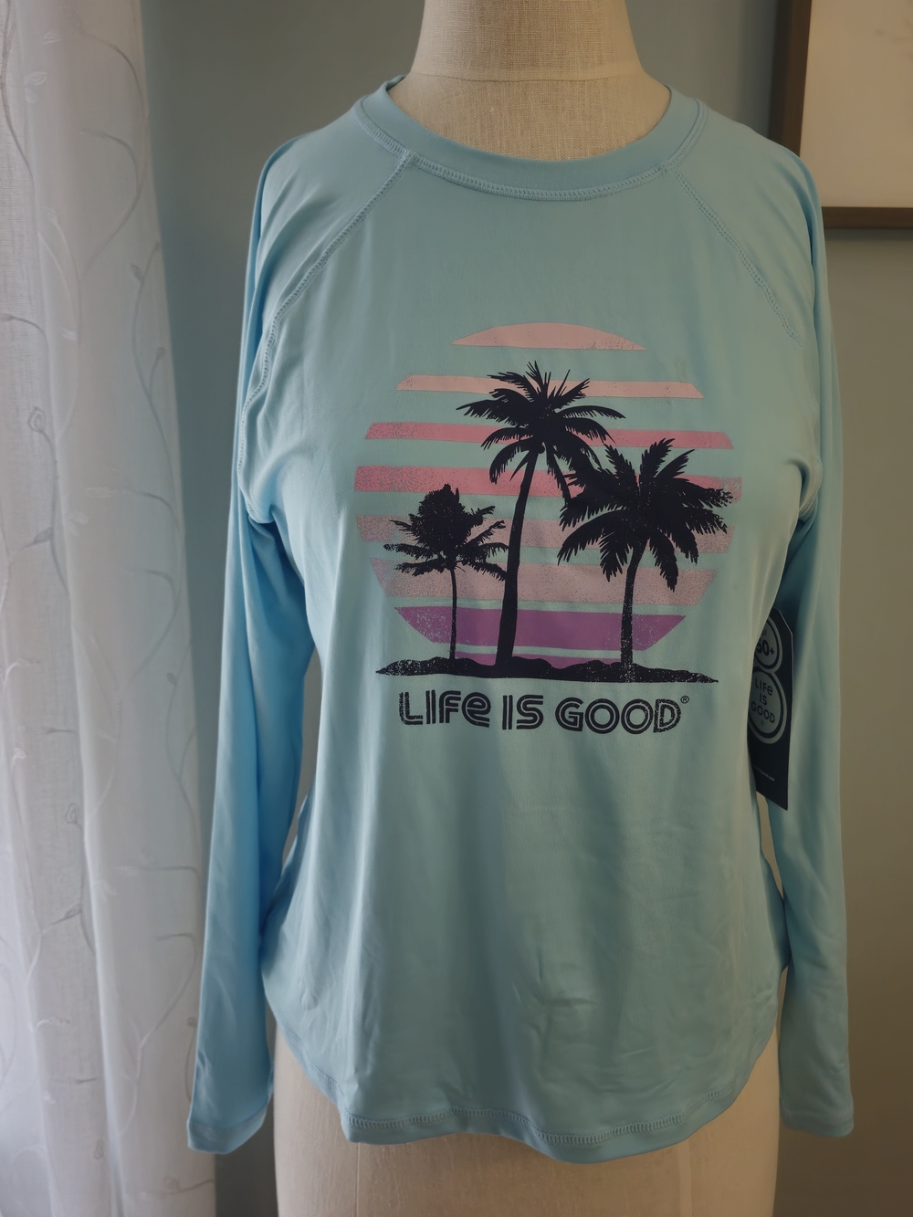 Life Is Good Long Sleeve Tee with Palm Sunset Graphic Sunshirt UPF 50+